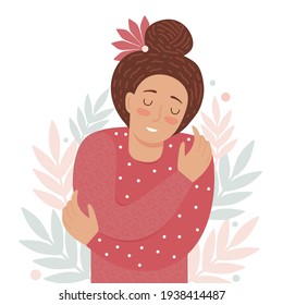 Concept of love yourself, care, acceptance, healthy lifestyle. Woman with closed eyes smiles and hugs herself. Body positive and mental health. Happy female cartoon character. Vector illustration