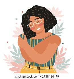 Concept of love yourself, care, acceptance, healthy lifestyle. Woman with closed eyes smiles and hugs herself. Body positive and mental health. Happy female cartoon character. Vector illustration