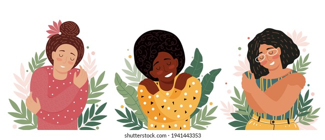 Concept of love yourself, care, acceptance, healthy lifestyle, body positive, mental health. Set of vector illustrations with different female character. Woman with closed eyes smiles and hugs herself