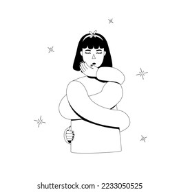 Concept of love yourself, care, acceptance, healthy lifestyle, body positive, mental health. Vector illustrations with female character. Woman with closed eyes hugs herself, line art, black and white