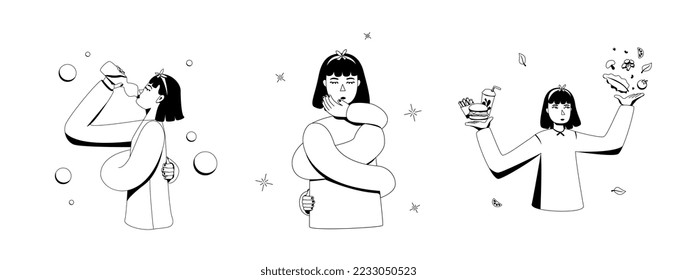 Concept of love yourself, care, healthy lifestyle, healthy food, mental health. Set of vector illustrations with female character. Woman drink water, hugs herself, choose food, black and white line