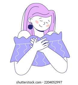 Concept of love yourself. Take care of yourself. Smiling woman holds her hands on her chest. Isolated illustration on white background.