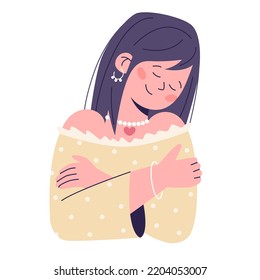 Concept Of Love Yourself. Take Care Of Yourself. Smiling Woman Hugging Herself. Flat Vector Illustration.