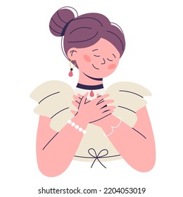Konzept der Liebe selbst. Kümmere dich um dich! Frau hält ihre Hände an der Brust. Flache Vektorgrafik.