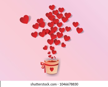 Concept of love,hearts floating on the sky from the pot, Paper art and digital craft style.