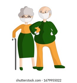The concept of a lovely elderly couple together during Covid-19. Grandmother, grandfather are wearing protective masks and gloves.Vector