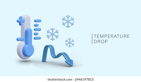 Concept of lowering temperature. Blue banner with 3D thermometer, snowflake, arrow down