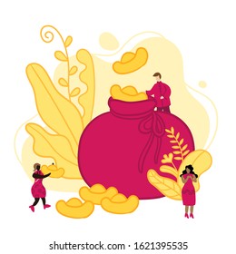 Concept of lunar new year.Three tiny people and some gold plants around a big lucky bag.There are some gold ingots in the bag.Vector flat illustration.