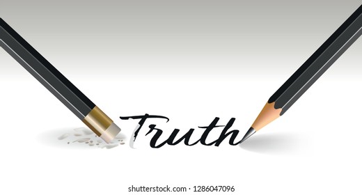 Concept of lying, with a pencil that writes the word truth and another that erases it.