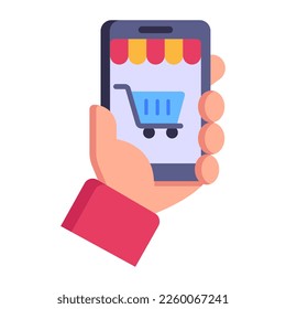 A concept of m commerce flat icon, shopping basket inside phone