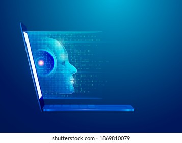 concept of machine learning or artificial intelligence technology, graphic of computer laptop with robot face and binary script