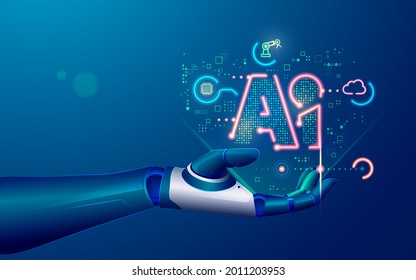 concept of machine learning or artificial intelligence technology, graphic of robot hand with symbol AI and futuristic element