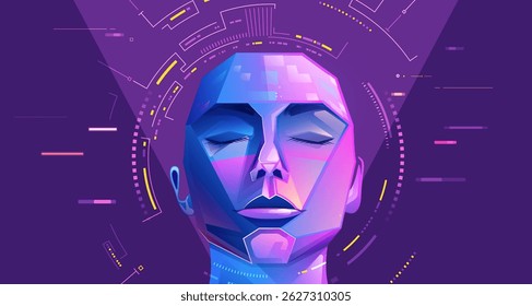concept of machine learning of deep learning, graphic of AI; artificial intelligence head presented in cyberpunk and futuristic element style 