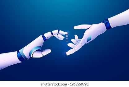 concept of machine learning or innovation technology, graphic of robot hand reaching to each other