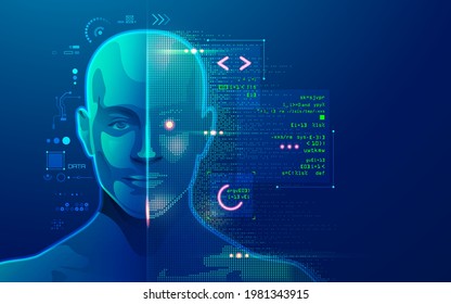 Concept Of Machine Learning Or Innovation Technology, Graphic Of Ai Head With Programming Script 