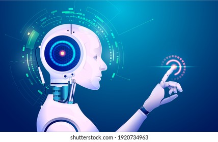 concept of machine learning technology, graphic of artificial intelligence or AI pointing at futuristic element