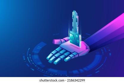 Concept Of Machine Learning Of Technology Revolution, Graphic Of Robot Hand With Futuristic Key