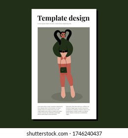 Concept of magazine page with fashion theme. Girl with two high ponytails in sunglasses. Fashionable look with accessories. Vector trendy hand-drawn illustration.