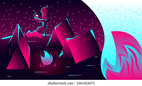 Concept of the magic camp. Colorful landscape. Abstract background. Graphic design. Digital art. Modern style. Creative icon. Beautiful logo. Vector illustration 10 EPS