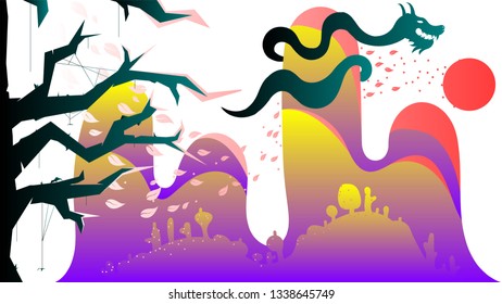 Concept of the magic dragon. Colorful landscape. Abstract background. Graphic design. Digital art. Modern style. Creative icon. Beautiful logo. Vector illustration 10 EPS