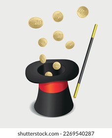 Concept magic hat and falling coins. Vector 3d illustration