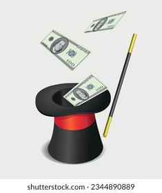 Concept magic hat and falling money banknotes. Vector art illustration