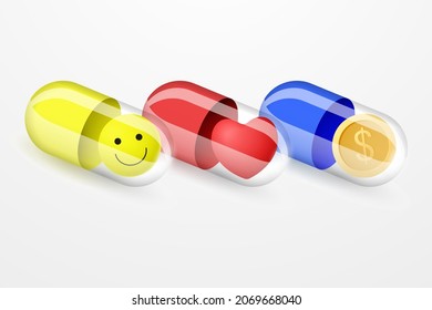 The concept of magic pills for health, wealth, happiness and love. Vector illustration.