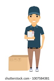 The concept of mail delivery. A young postman stands next to a box and holding a tablet. Smiles. The working uniform. In flat style on white background. Cartoon.