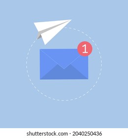 The concept of a mail message, SMS. Paper airplane and postal envelope. Vector illustration