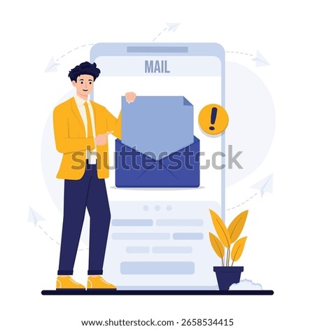 Concept of Mail Updates Flat Illustration Featuring Modern Email Notifications and Communication in Digital Style with Businessman and Businesswoman Characters