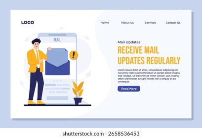 Concepto de Actualizar de correo landing page Plantilla Ilustración plana con correo electrónico moderno en estilo digital con personajes de hombre de negocios y mujer de negocios