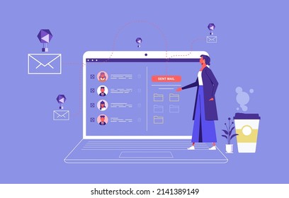Concept of mailing list, emails or electronic addresses for communication, correspondence, newsletters, businesswoman with mailing list computer laptop sending email