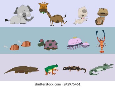 The Concept of Main 3 Kind of Animals Vector Consisting of Land Animals, Aquatic Animals, and Amphibian On the  Stylish Background, The Set of Animals