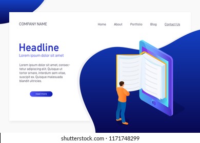 Concept of main page of web site with eBook. Landing page design with isometry. Person, man is standing and reading 3d eBook. Vector illustration.