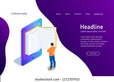 Concept of main page of web site with eBook. Landing page design with isometry. Person, man is standing and reading 3d eBook. Vector illustration.