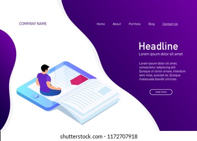 Concept of main page of web site with eBook. Landing page design with isometry. Person, man is sitting and reading 3d eBook. Vector illustration.