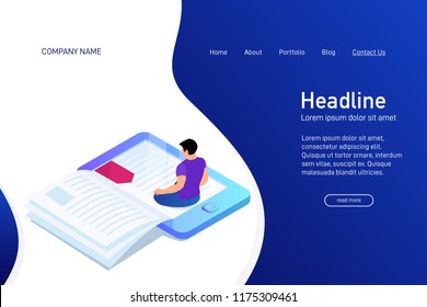 Concept Of Main Page Of Web Site With EBook. Landing Page Design With Isometry. Person, Man Is Sitting And Reading 3d EBook. Vector Illustration.