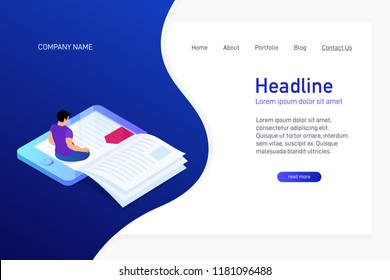 Concept of main page of web site with eBook. Landing page design with isometry. Person, man is sitting and reading 3d eBook. Vector illustration.