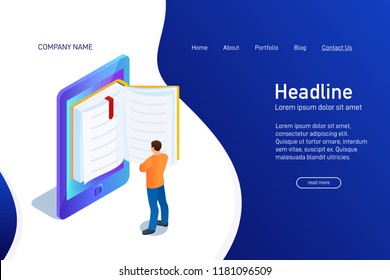 Concept of main page of web site with eBook. Landing page design with isometry. Person, man is standing and reading 3d eBook. Vector illustration.