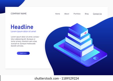 Concept of main page of web site with eBook library. Landing page design with isometry. 3d paper books on phone screen, eBook storage, distance learning. Vector illustration.