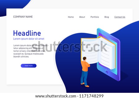 Concept of main page of web site with eBook. Landing page design with isometry. Person, man is standing and reading 3d eBook. Vector illustration.