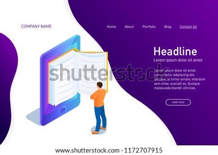 Concept of main page of web site with eBook. Landing page design with isometry. Person, man is standing and reading 3d eBook. Vector illustration.