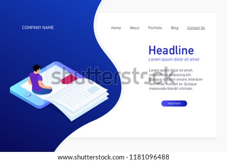 Concept of main page of web site with eBook. Landing page design with isometry. Person, man is sitting and reading 3d eBook. Vector illustration.