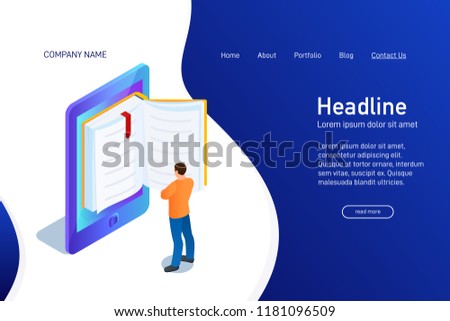 Concept of main page of web site with eBook. Landing page design with isometry. Person, man is standing and reading 3d eBook. Vector illustration.