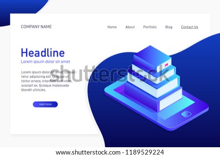 Concept of main page of web site with eBook library. Landing page design with isometry. 3d paper books on phone screen, eBook storage, distance learning. Vector illustration.