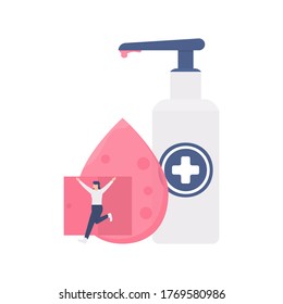 the concept of maintaining cleanliness, self-protection, preventing disease. illustration of a woman coming out of liquid soap or hand sanitizer liquid. flat design. can be used for elements