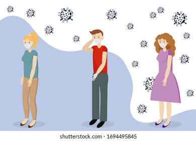El concepto de mantener la distancia entre las personas durante una pandemia en todo el mundo. Cartel, afiche sobre las reglas no se acercarán. Ilustración conceptual Coronavirus COVID-19.