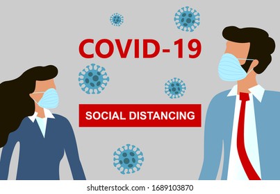 Concept of maintaining social distance between people during novel coronavirus disease COVID-19 Pandemic outbreak, 2019-nCov, woman and man with blue medical face mask are at distance from each other
