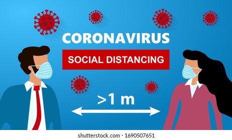 Concept of maintaining social distance between people during novel coronavirus disease COVID-19 Pandemic outbreak, 2019-nCov, woman and man with blue medical face mask are at distance from each other