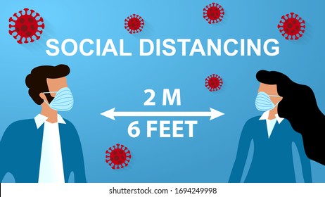 Concept of maintaining social distance between people during novel coronavirus disease COVID-19 Pandemic outbreak, 2019-nCov, woman and man with blue medical face mask are at distance from each other